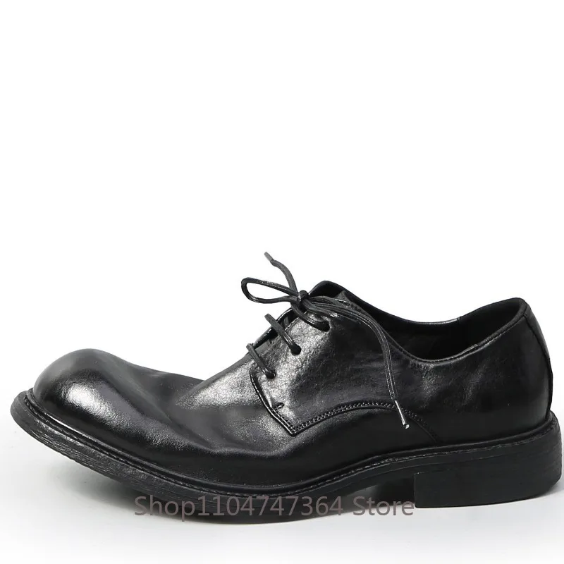 Designer Washed Horsehide Soft Soled Derby Shoes Men British Style Black Thick Soled  Lace Up Casual  Business Dress Male Shoes