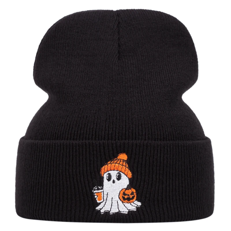 Halloween Pumpkin Little Ghost Embroidered Knitted Hat, Autumn and Winter Outdoor Sports Event Warm Woolen Hat