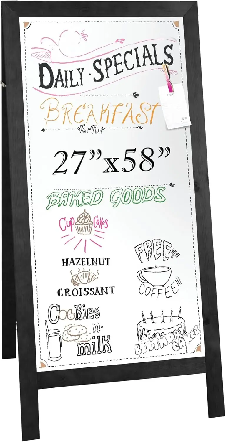 

Wooden A Frame Sign with Magnetic Whiteboard - Double Sided Menu Board for Restaurant, Food Truck - 58x27 inch Black