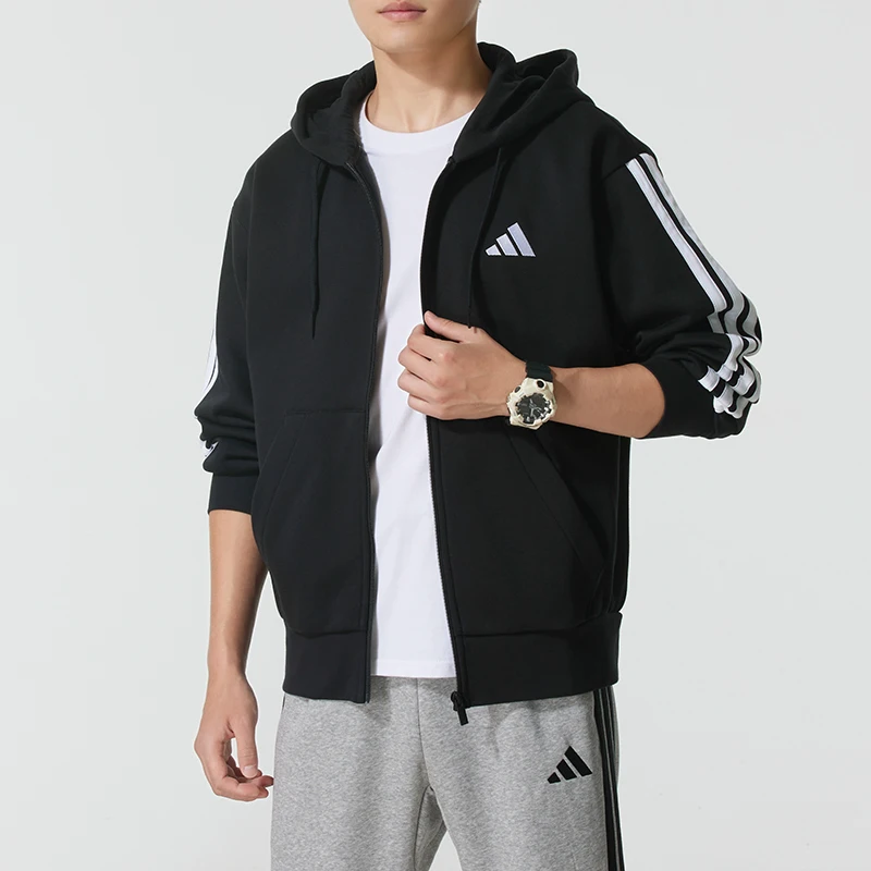 

Adidas Men's Jacket Black and White Casual Sportswear Fleece-Lined Hooded Sweatshirt Comfortable Breathable Knitted Jacket Jd1870