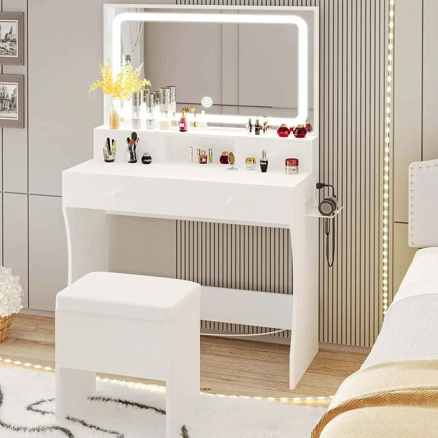 Vanity Desk with LED Lighted Mirror & Power Outlet & 4 Drawers White dressers  bedroom furniture