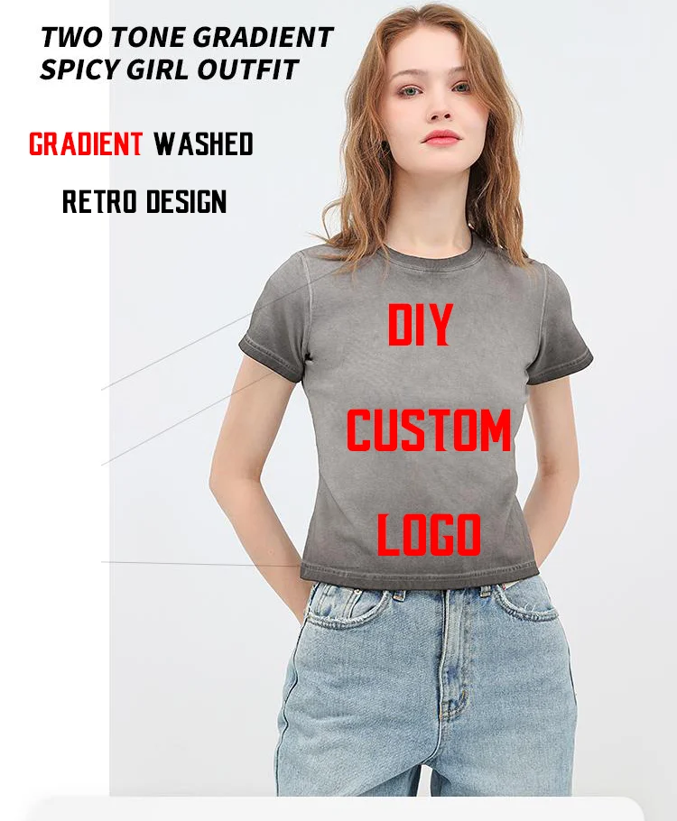 Female 240GSM Gradient Washed Custom LOGO Solid Slim  T-Shirt Soft Cotton Streetwear Casual Short Sleeve Cool Retro For Women