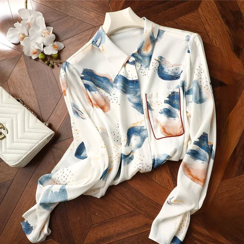 

2024 Spring and Summer Blouse Lapel Long Sleeve Fashion Pocket Casual Satin Flare Sleeve Womens Shirts