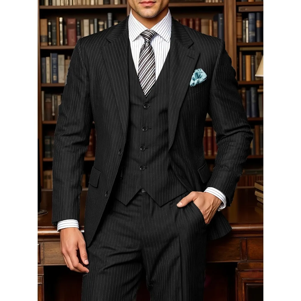 Navy Pinstripe Three-Piece Slim-Fit Suit Set, Classic Design for Business, Wedding & Formal Event Scenarios