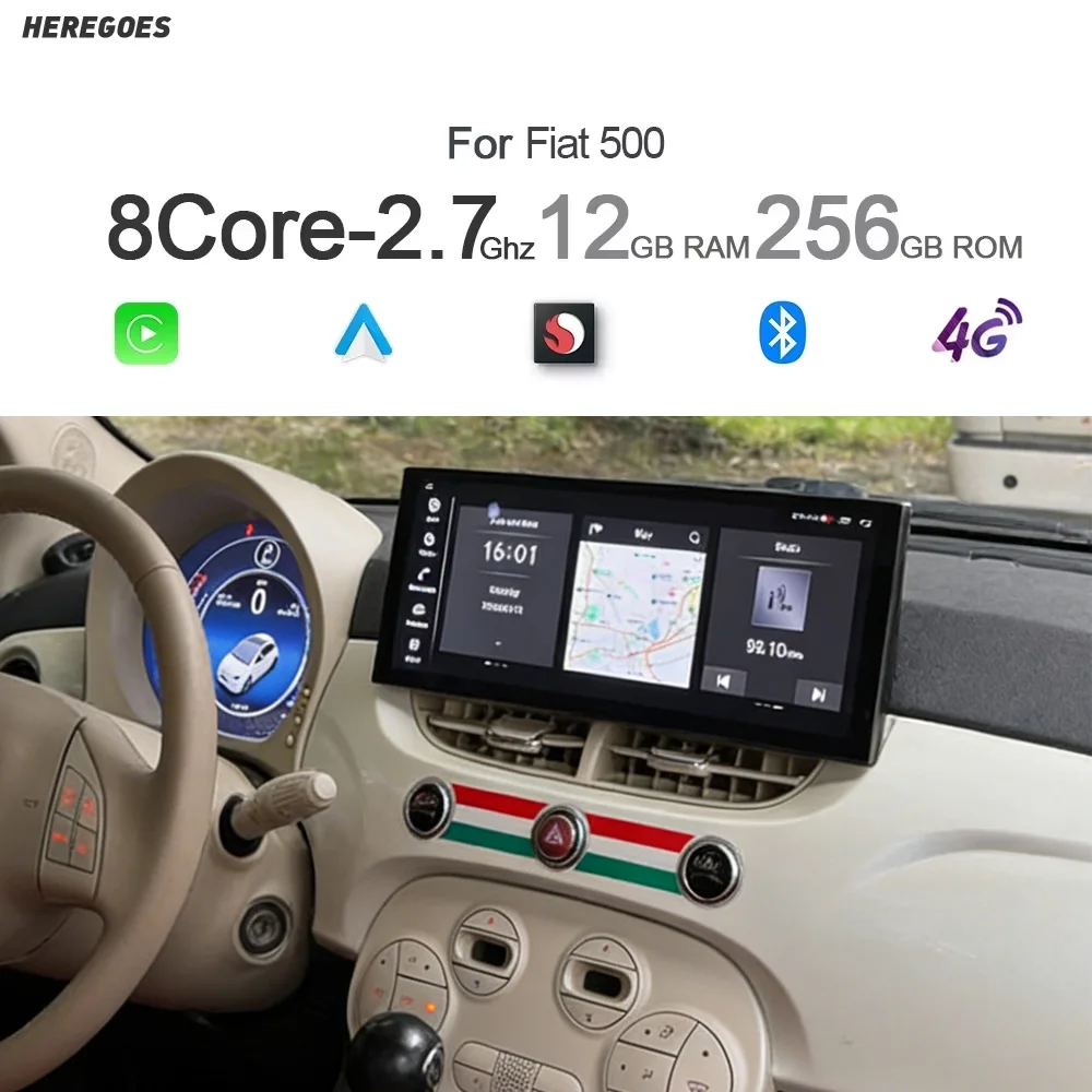 12.3 inch 1920*720 wireless Carplay 14.0 8G+128G IPS Car Player multimedia GPS WIFI autoradio navigation For Fiat 500 2 din