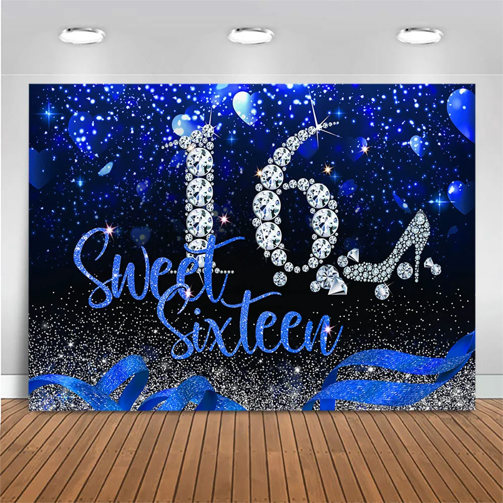 Mocsicka Sweet Sixteen Backdrop Girl 16th Birthday Party Background Decor Glitter Royal Blue and Silver Diamond Studio Photocall