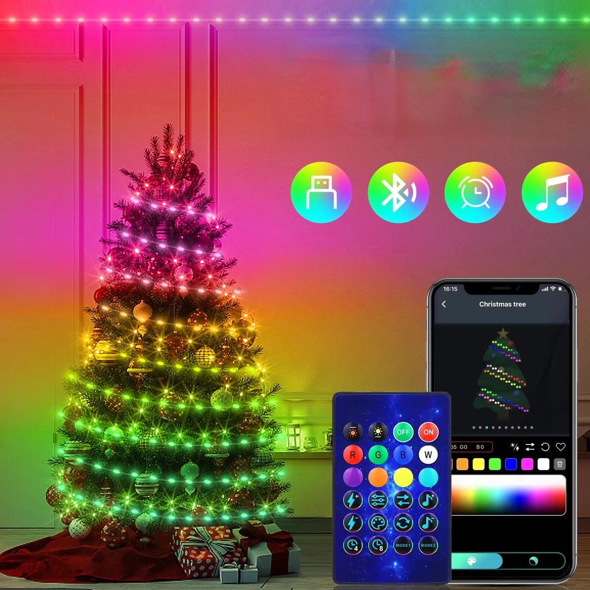 

20M Dream Color USB 5V LED Sting Light Bluetooth Music APP RGBIC Addressable Fairy Lights Birthday Party Garland Christmas Decor