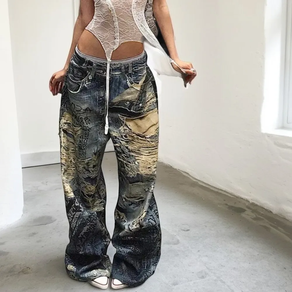 شيك موضة المرأة ثلاثية الأبعاد جينز مطبوع الأمريكية الرجعية القذرة عالية الخصر عادية الدينيم السراويل الإناث العصرية Harajuku نمط الشارع