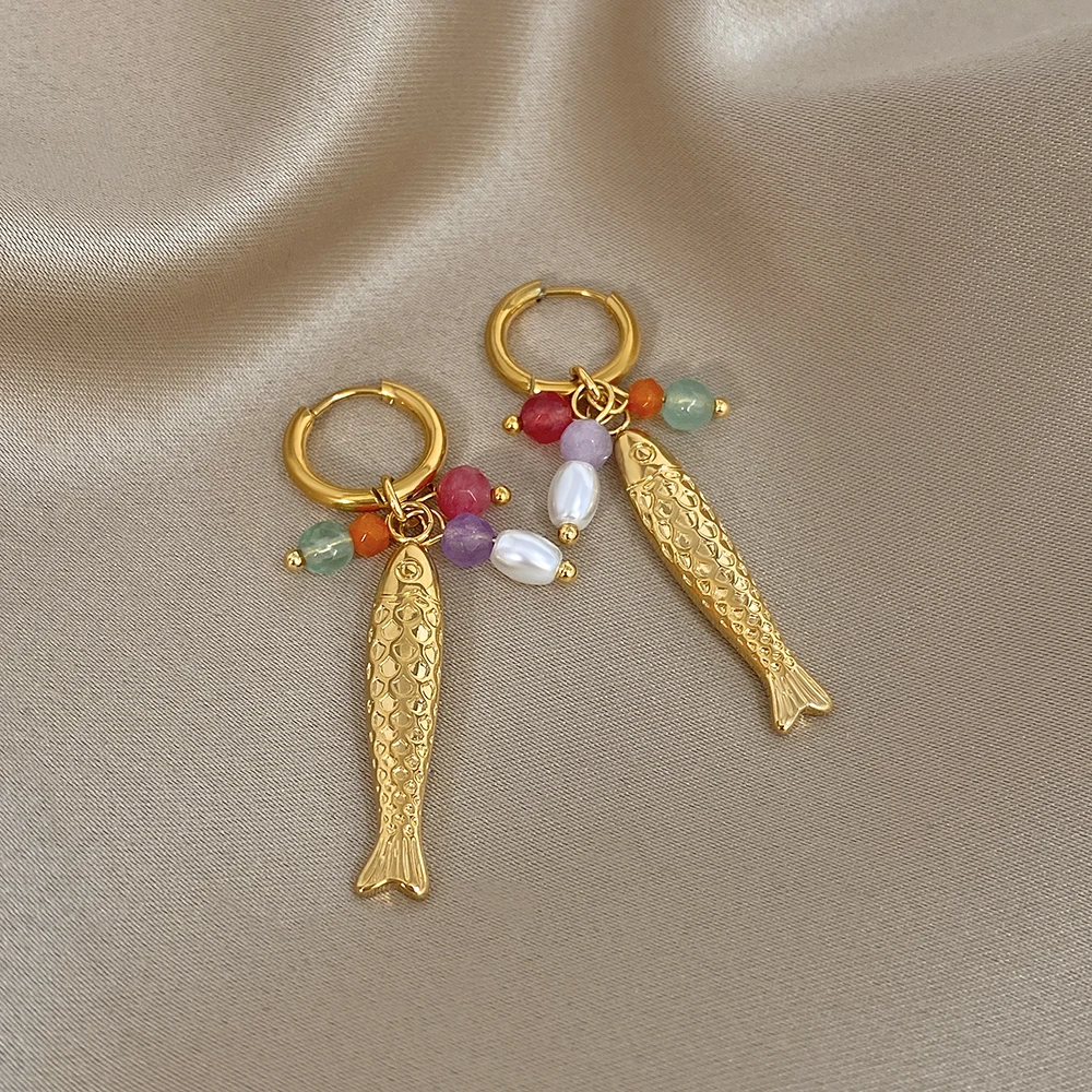 

DODOHAO Trendy Colorful Bead Small Fish Pendant Stainless Steel Earrings for Women Golden Waterproof Earrings Lady Jewelry Gift