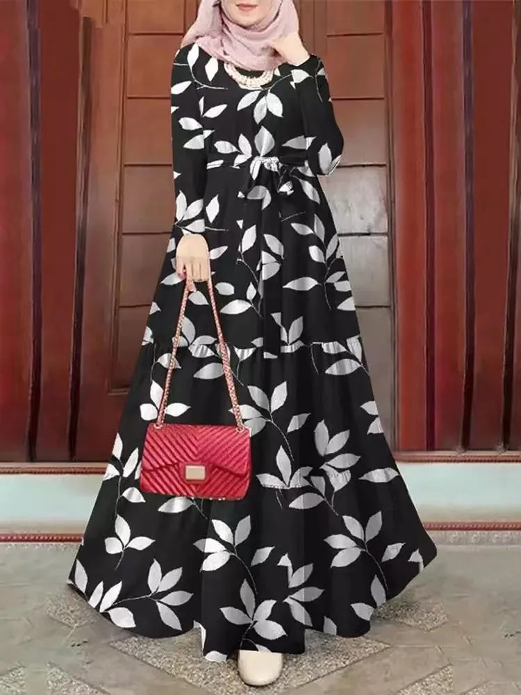 

Summer Vintage Dress Long Sleeve Abaya For Muslim Women Girl Robe Printed Pattern Malaysia Fashion Comfortable Arabic Wear