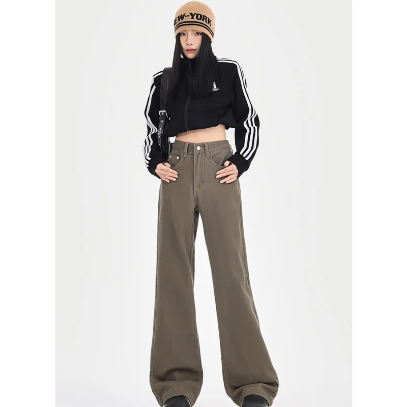 Y2K Women Brown Jeans Solid 2024 Streetwear High Waist American Wide Leg Pants Fashion Vintage Female Autumn Straight Trousers