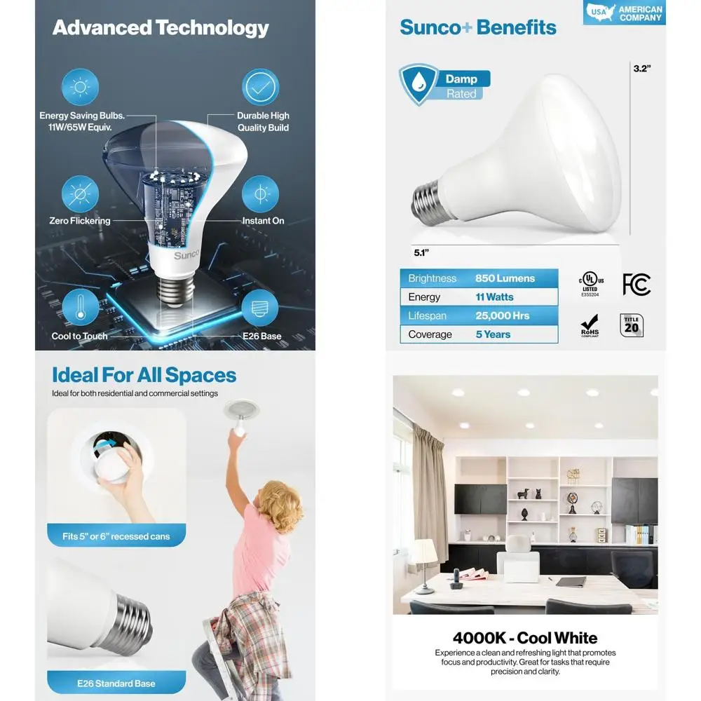 

Набор из 30 светодиодных ламп BR30, 850 люмен, 11 Вт, 4000K, холодный белый свет, с регулировкой яркости, цоколь E26, подходят для дома, кухни, спальни, сертифицированы UL.