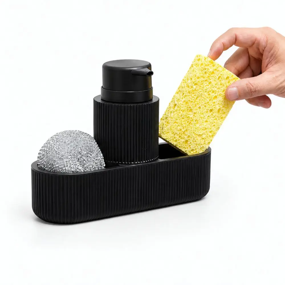 Black Resin Manual Soap Dispenser And Sponge Drain Rack Kitchen Sink Organizer Liquid Pump Dishwashing Storage Accessory