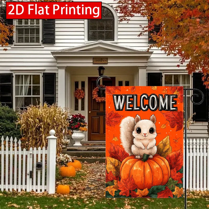 2D Flat - 2D Flat Welcome Thanksgiving Autumn Outing Squirrels and Acorns Pumpkin Garden Flags (1) 1-28X40 Inch Outdoor Garden Flag Double-Sided Home Decoration Courtyard Decoration Outdoor Decoration Lawn Decoration Solely Flag