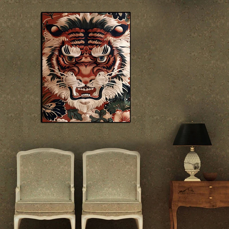 Frameless Vintage Flowers Animal Embroidery Tiger Horse Pig Dog Sheep Poster Art Canvas Painting Wall Pictures for Living Room H