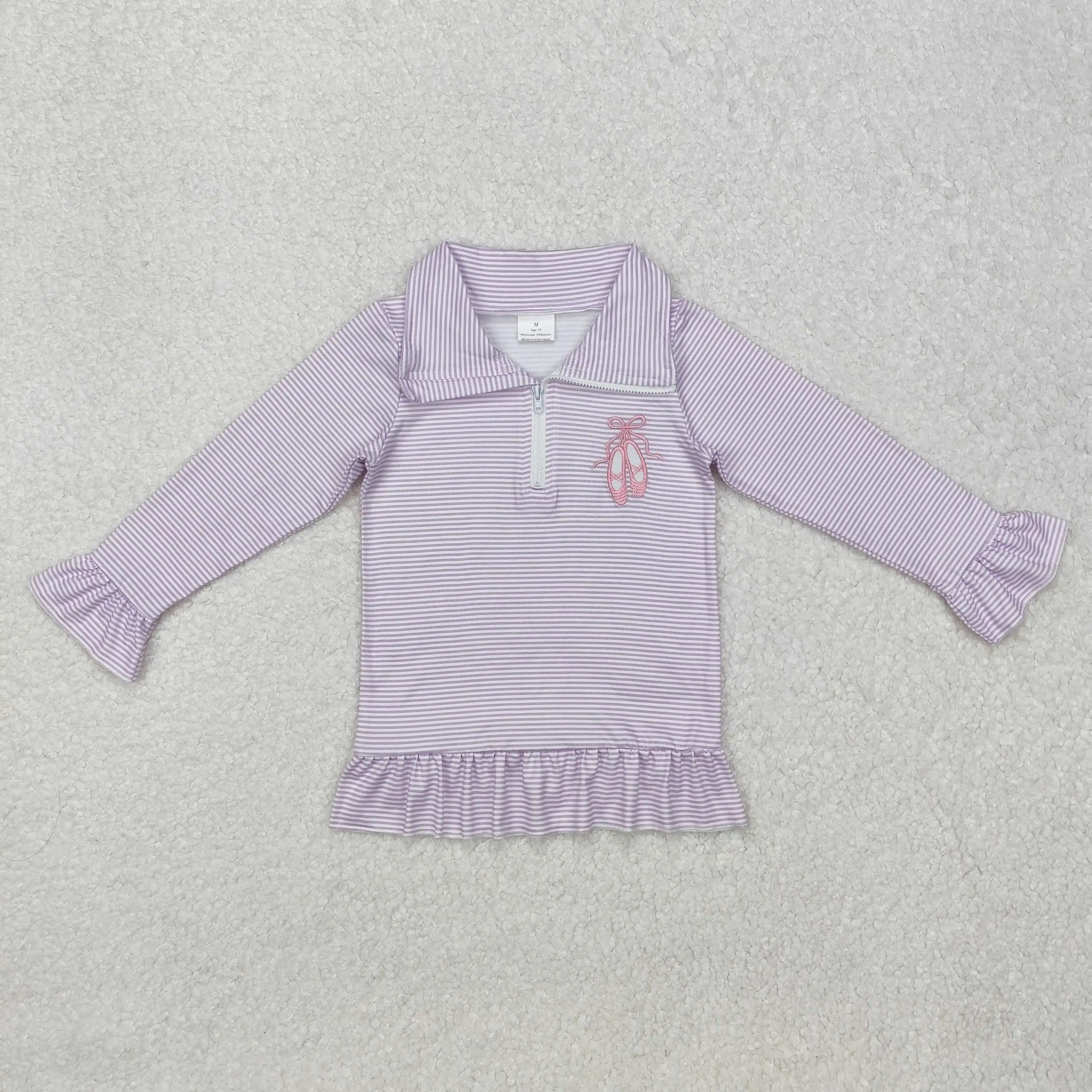 

Boutique Ballet Shoes Embroidery Stripe Purple Baby Girls Long Sleeves Shirt Top Wholesale Kids Pullover Kids Long Sleeves Shirt