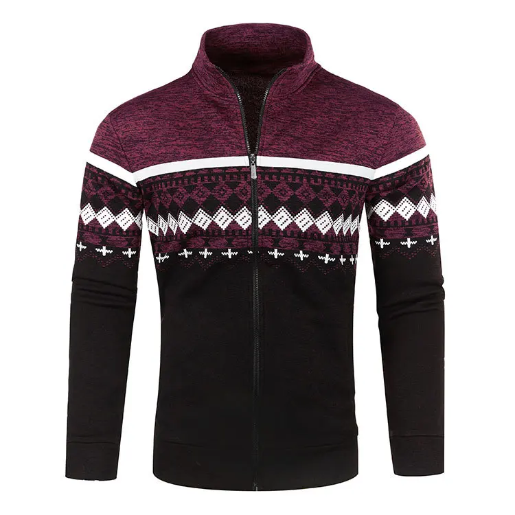 Men Fashion Casual Knitted Cardigan Zipper Warm Pullover Retro Jacquard Slim Collar Sweater Coat Street Men's Wear S-3XL