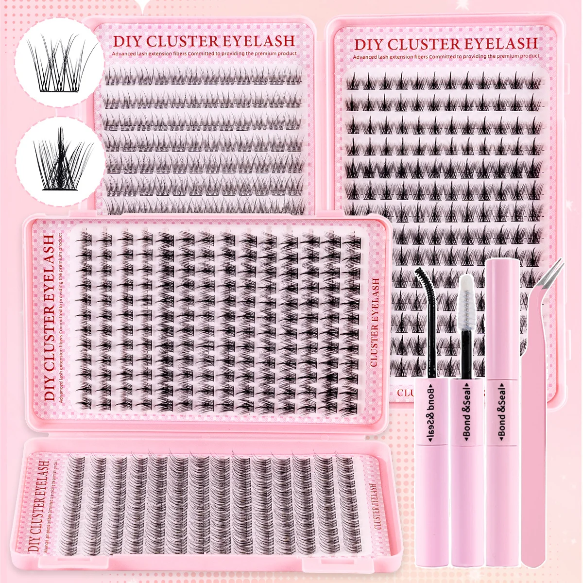 Zestaw 336 sztuk naturalnych rzęs - stylizacje kreskówkowe/anime/owieczki, paski do przedłużania, dla początkujących, z aplikatorem i pęsetą