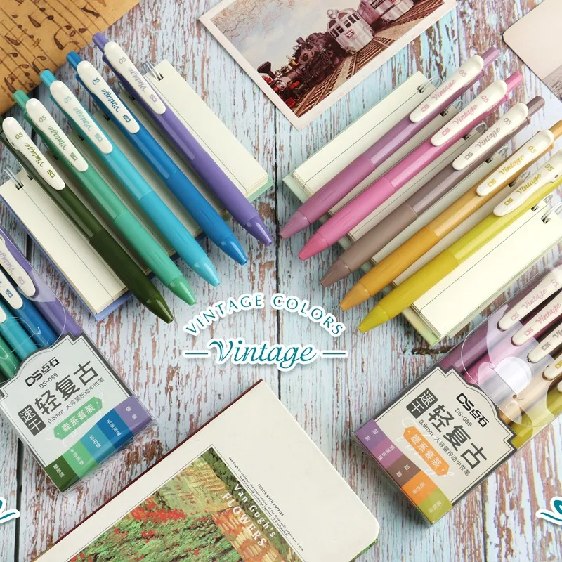 5pcs Retractable Colored Gel Pens Quick Dry Ink 0.5mm Vintage Pen for Planner Drawing School Office Kawaii Stationery Supplies