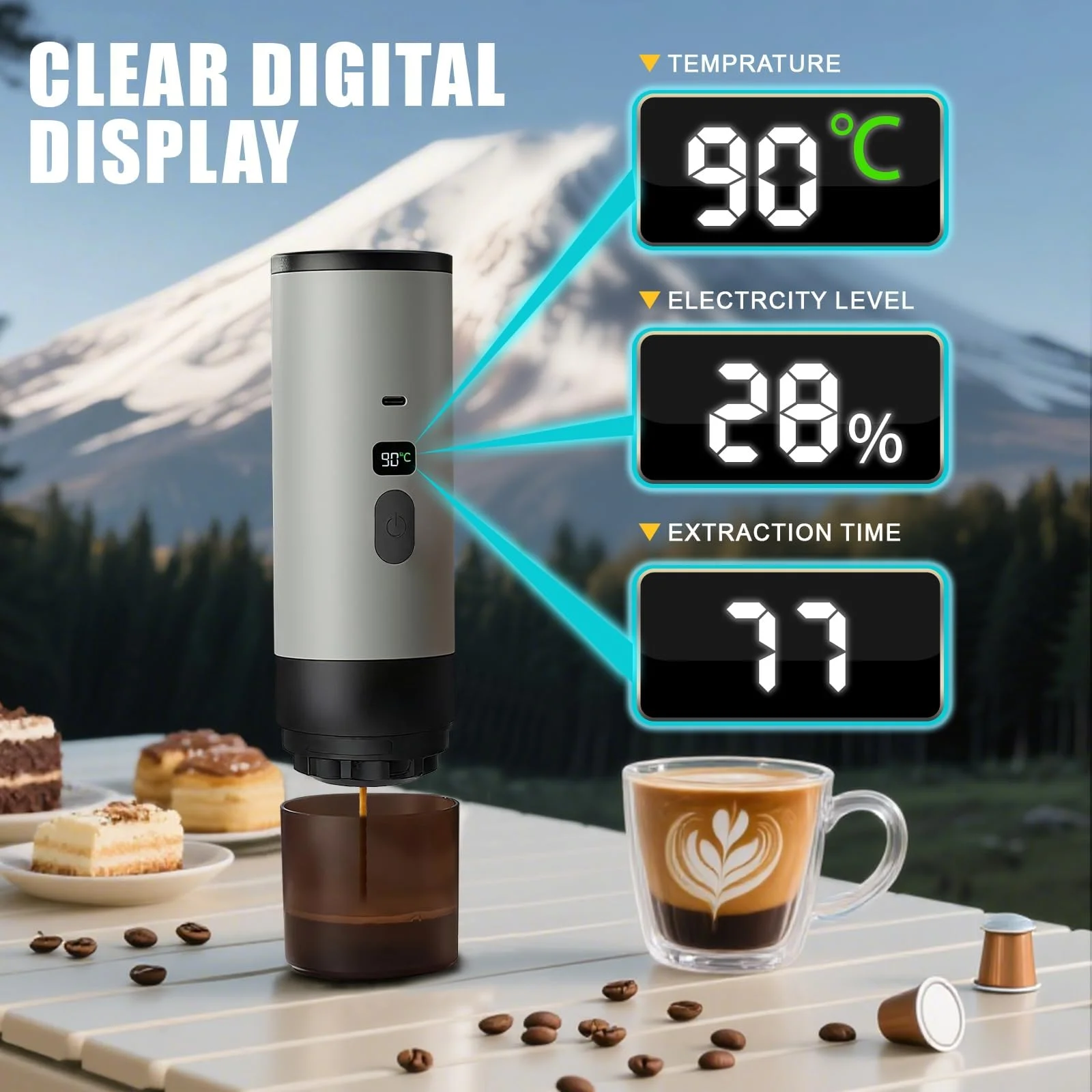 

Portable Capsule Coffee Machine, Compatible with Ground Coffee & Capsules, 3-In-1Espresso Maker with Digital Display Screen