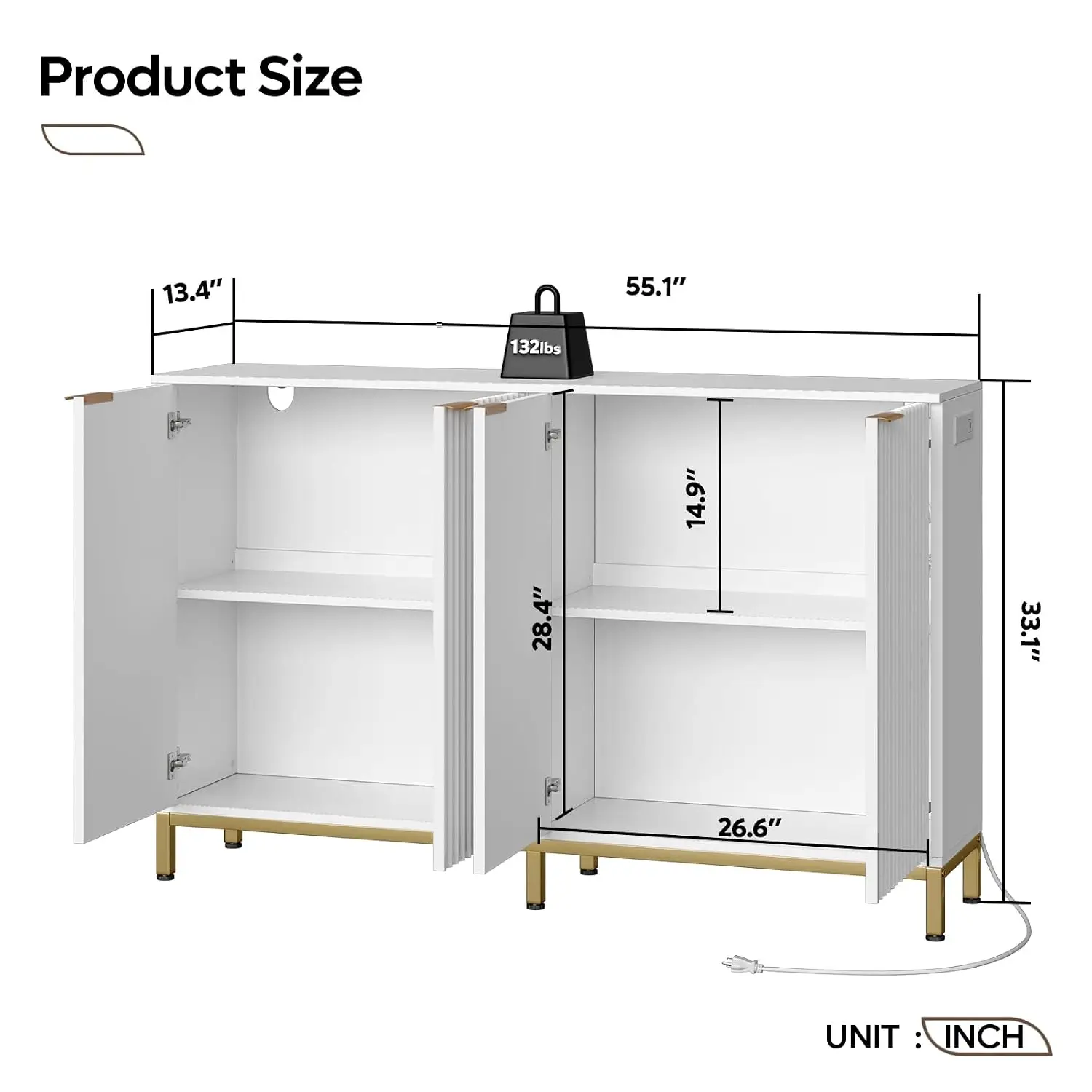 Fluted Sideboard Cabinet With Power Outlet, 55 Inch 4 Door Storage With Adjustable Shelves For Kitchen, White, Customized