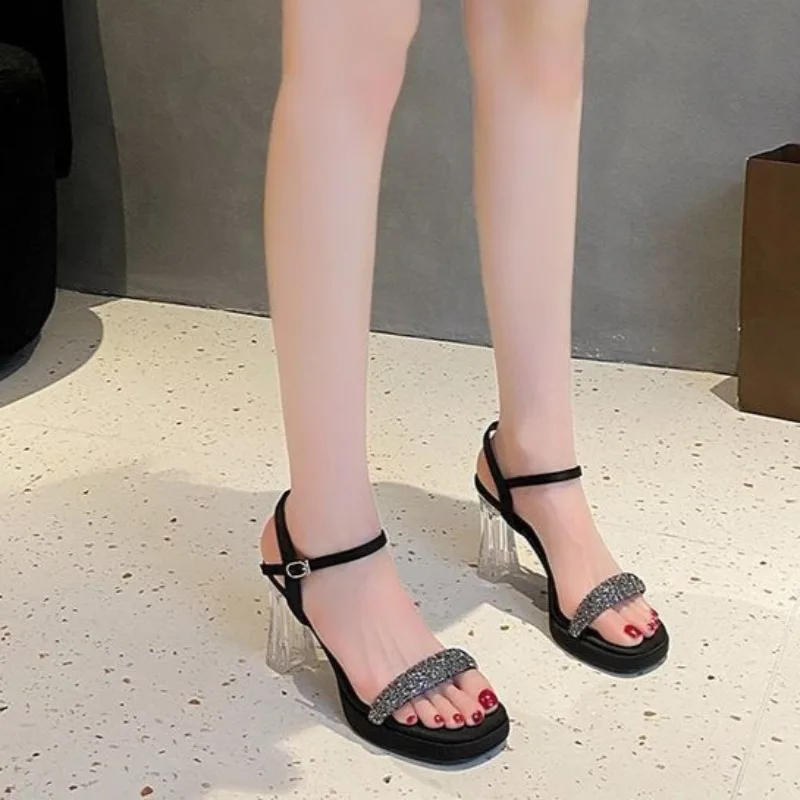 2026 New Crystal High Heels Women's Sandals Thick Heel Summer Fashionable Sandals