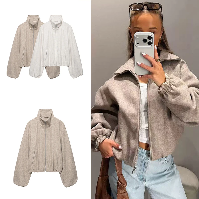 Guobioziy 2026 Spring Autumn Stand Collar Zip Up Jacket Cropped Length Lantern Sleeve Side Pockets Loose Daily Casual Outer Coat