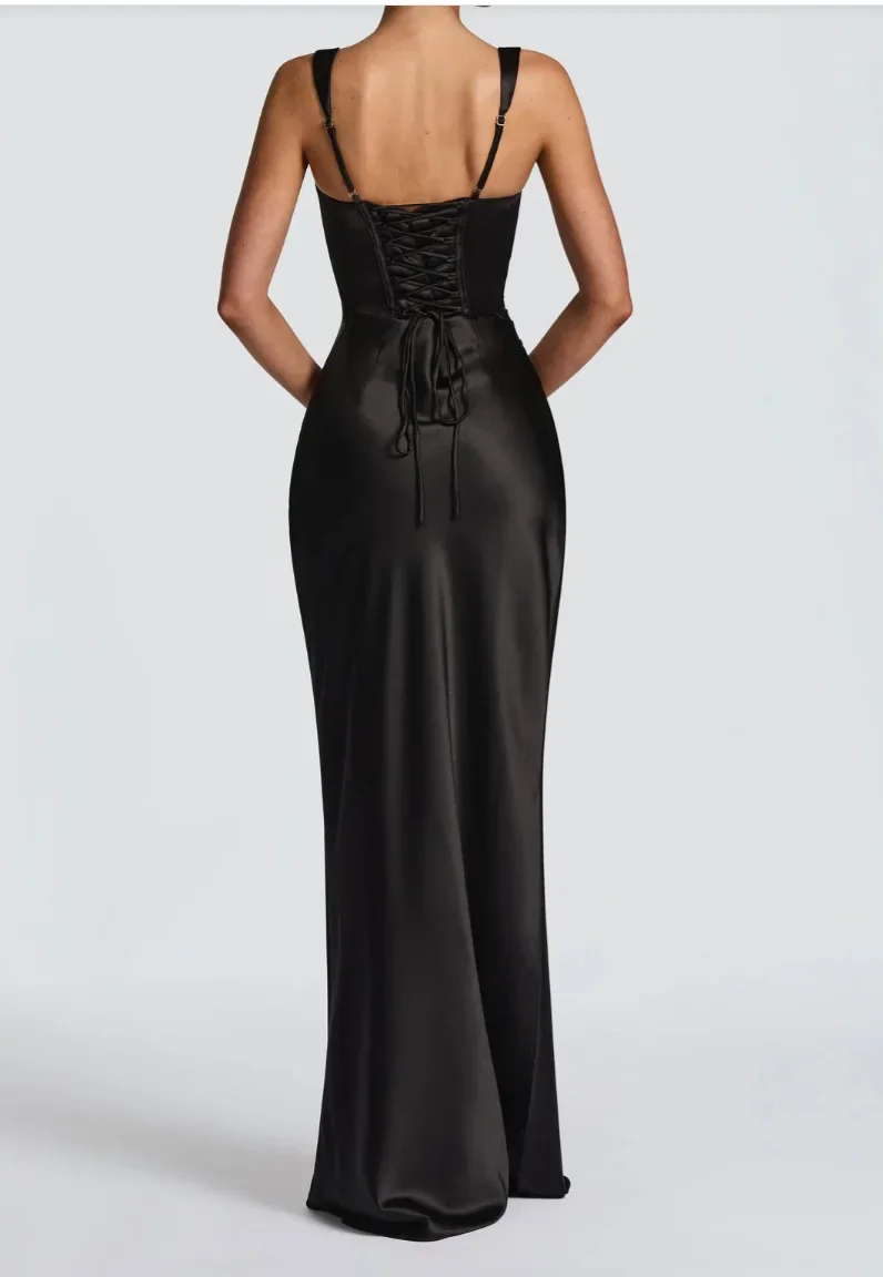 Sexy Lady Solid Ribbon Evening Dress Fashion Sleeveless Square Collar Lace Up Backless Slim Maxi Dresses Summer Dinner Party New