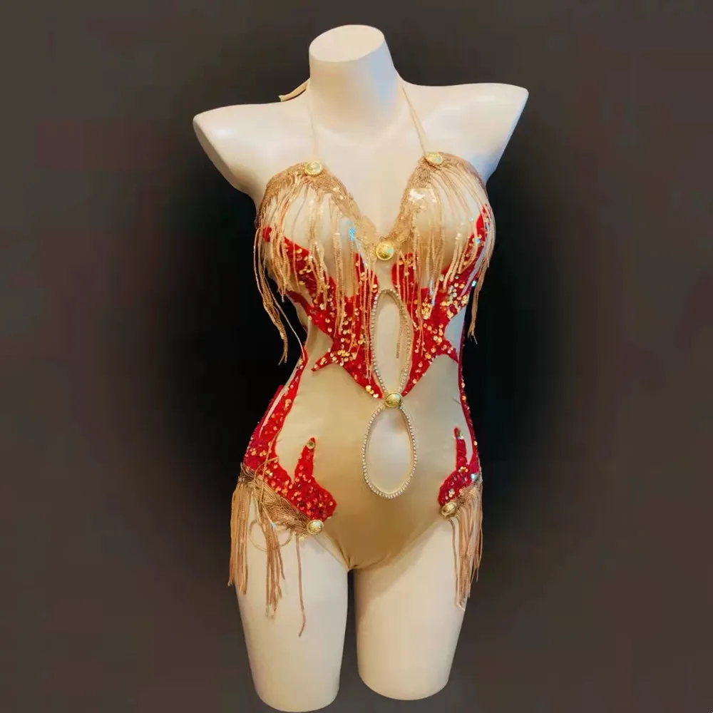 Sexy Adult Women DJ Pole Dancing Costume Gold Red Sequins Backless Bodysuit Leotard Bar Nightclub Tight Performance Stage Wear