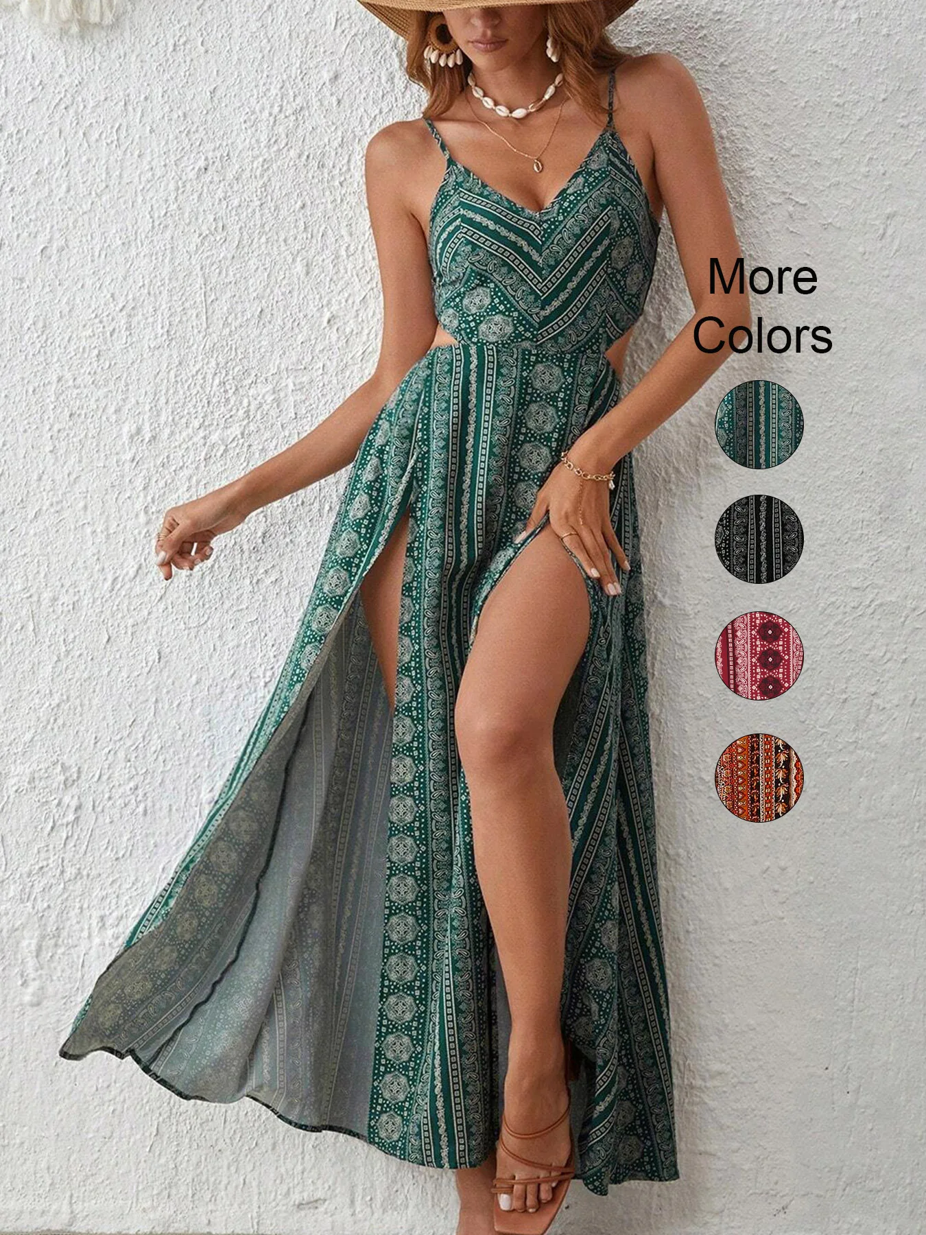 Deep V-Neck Backless Sling Dress with Thigh High Slit, Floral Print Beach Holiday Party Maxi Dress, Summer Women's Clothing