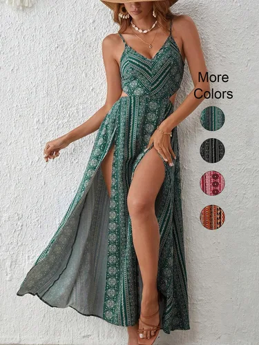 Vestido con tirantes sin espalda y escote en V profundo con abertura hasta el muslo, vestido largo con estampado floral para fiesta en la playa, ropa de verano para mujer