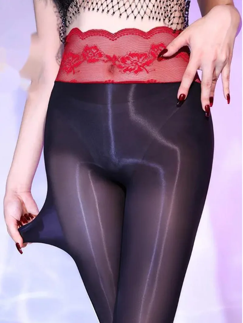 Exotic Summer Fashion Women's Lace Pattern Sexy Elasticity Oil Shine Ultra Thin Perspective Sexy Diaper Long Tube Stocking Y4YH