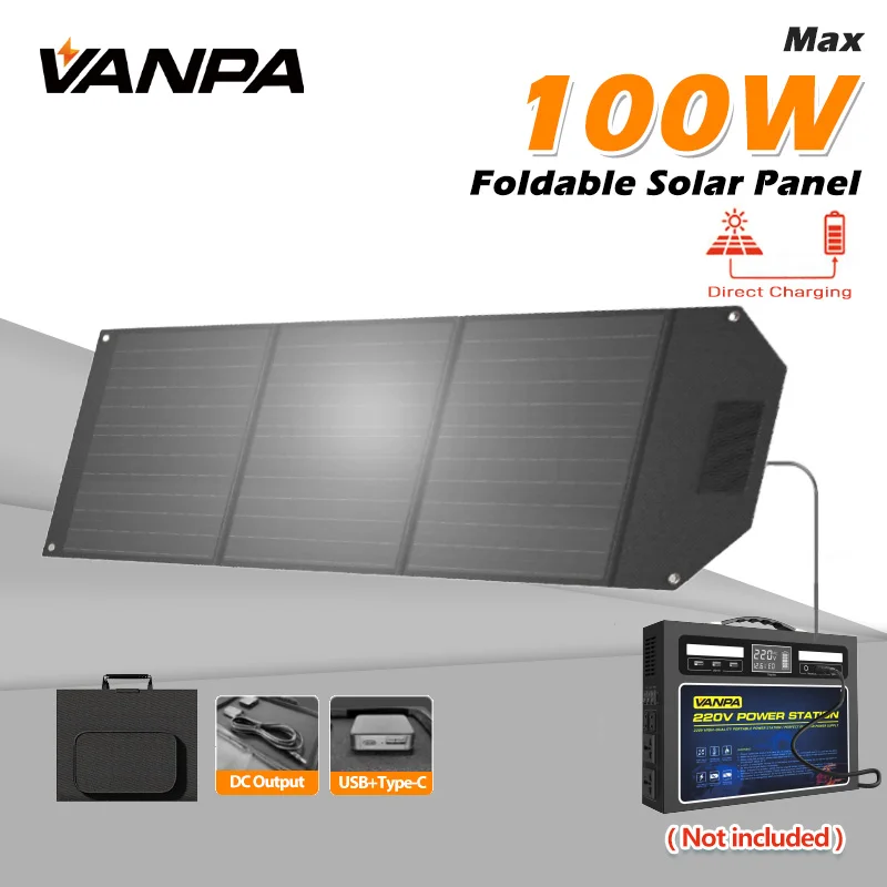 VANPA 100W Foldable Solar Panel Charger For Power Station DC/Type-C/USB Output for Cell Phone Camping Emergency