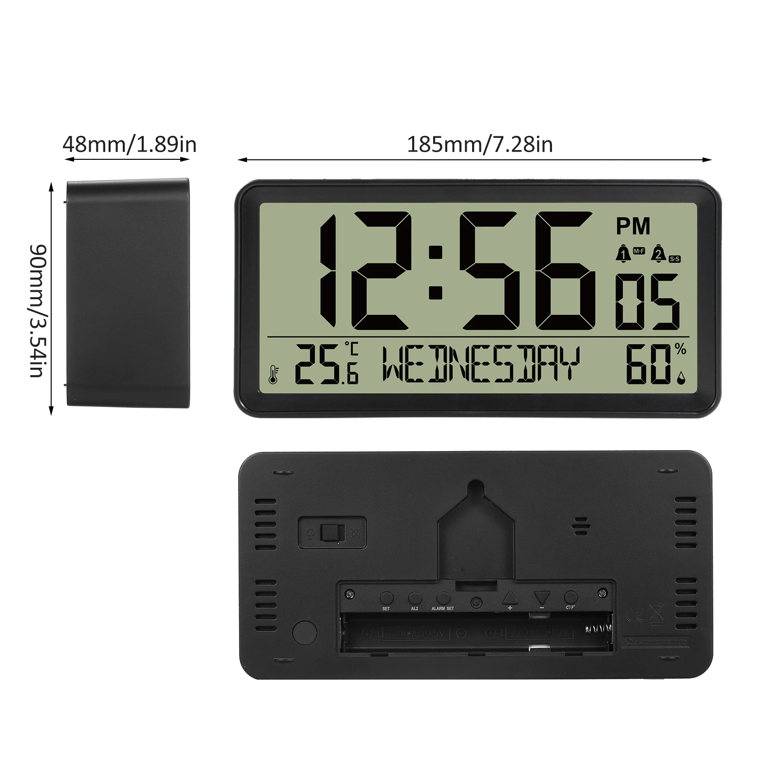 LCD Digital Alarm Clock Battery Operated Desk Electronic Small Clock Indoor Temperature Humdity Date Backlight Snooze Function