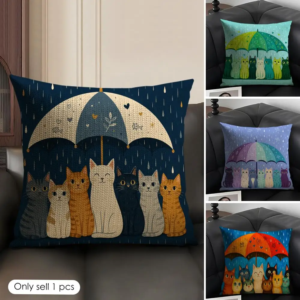 The Cat Holding an Umbrella Cushion Cover Linen Organic Fabric Double-Sided Printing Sofa Breathable Home Decor Gift Pillow Case
