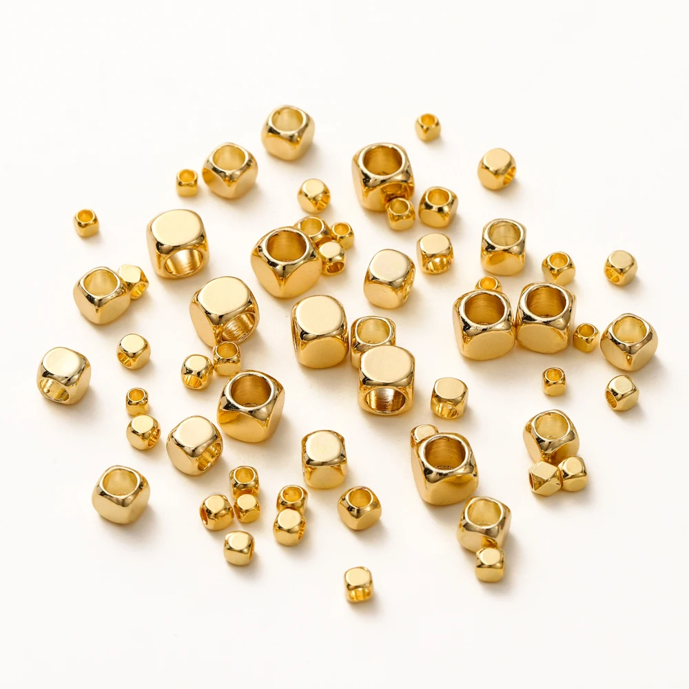 50pcs/lot 2-5mm 14K/18K Real Gold Plated Brass Square Spacer Loose Beads for DIY Jewelry Making Beads Accessories Findings