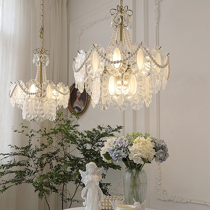 النمط الفرنسي الفاخرة الرجعية اللؤلؤ الزجاج قلادة مصباح النمط الأوروبي ضوء ديكور المنزل الفاخر غرفة المعيشة كريستال الثريا
