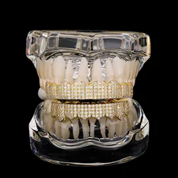 RACHELZ 8/8 Iced Out Zircon Teeth Grillz Fangs Gold Silver Color Shiny CZ Stone Tooth Caps For Women Men Jewelry Halloween