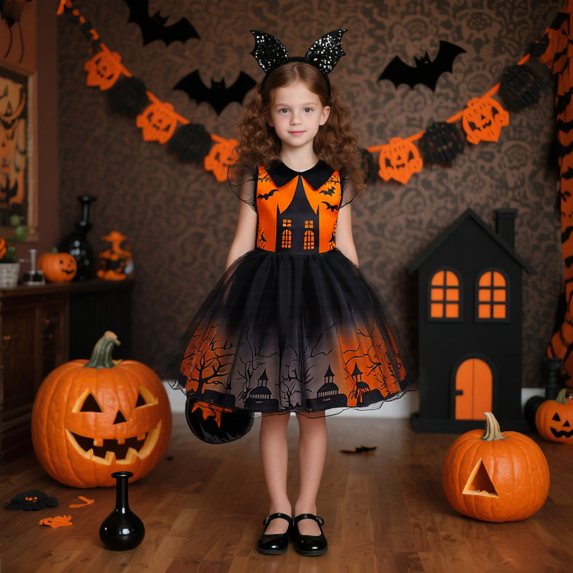 

Cute Children Girls Halloween Sleeveless Spooky Print Tulle Princess Dress For Kids Themed Party Carnival Fancy Dress Up Outfits