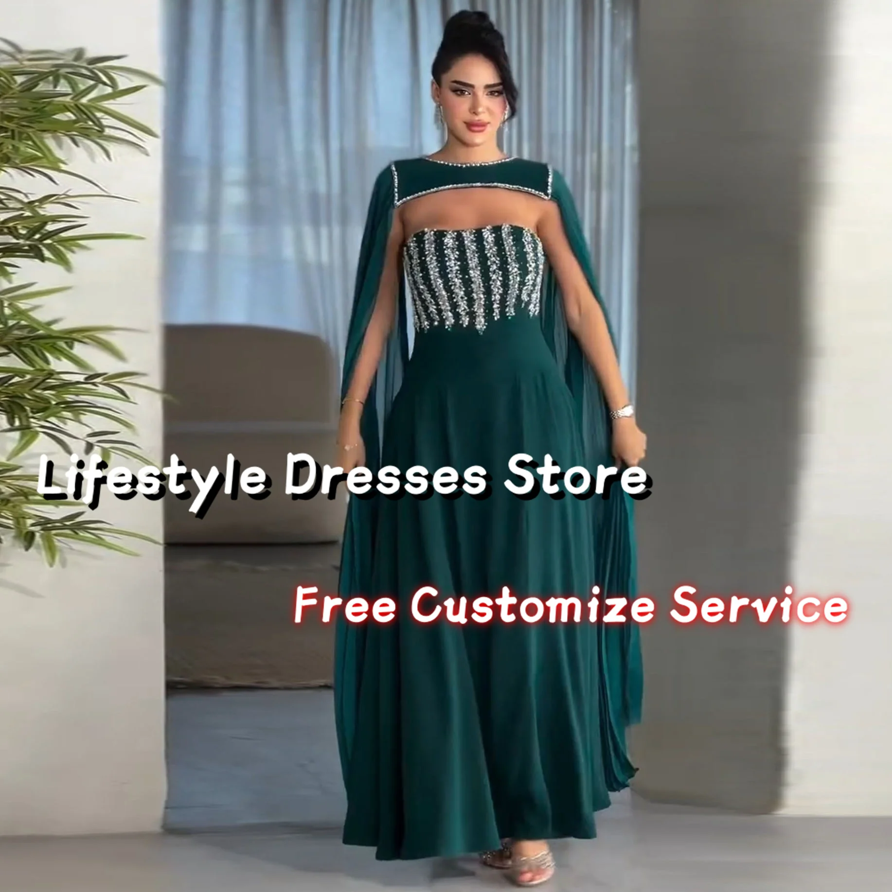 

Luxury Arabia Strapless Crystal Beads Prom Dress With Cloak Pleat A-line Wedding Party Gown Evening Dress 2024 Formal Dress