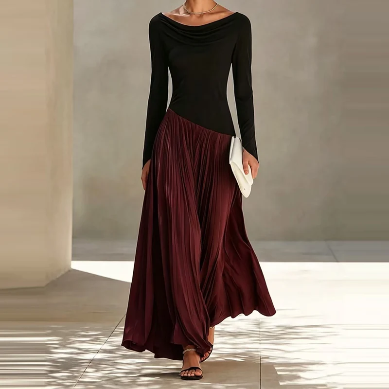Casual Long Sleeve Waist Party Dress Spring Lady Fashion Patchwork Banquet Dresses Autumn Sexy Swinging Collar Draped Long Dress