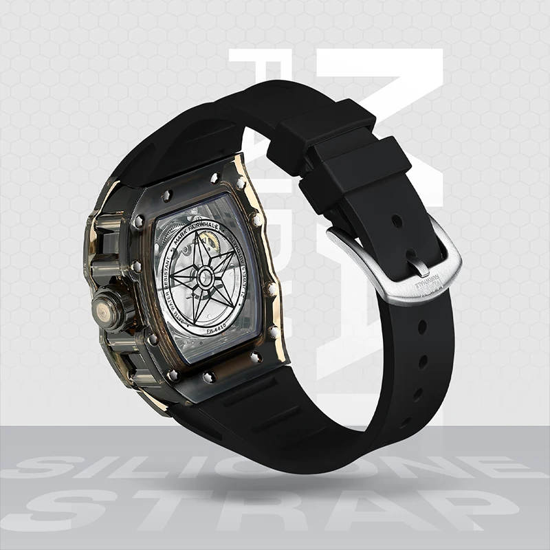 Tonneau Luxury Top Wrist Mechanical Watches Transparent Black Silicone Strap Fashion Clock