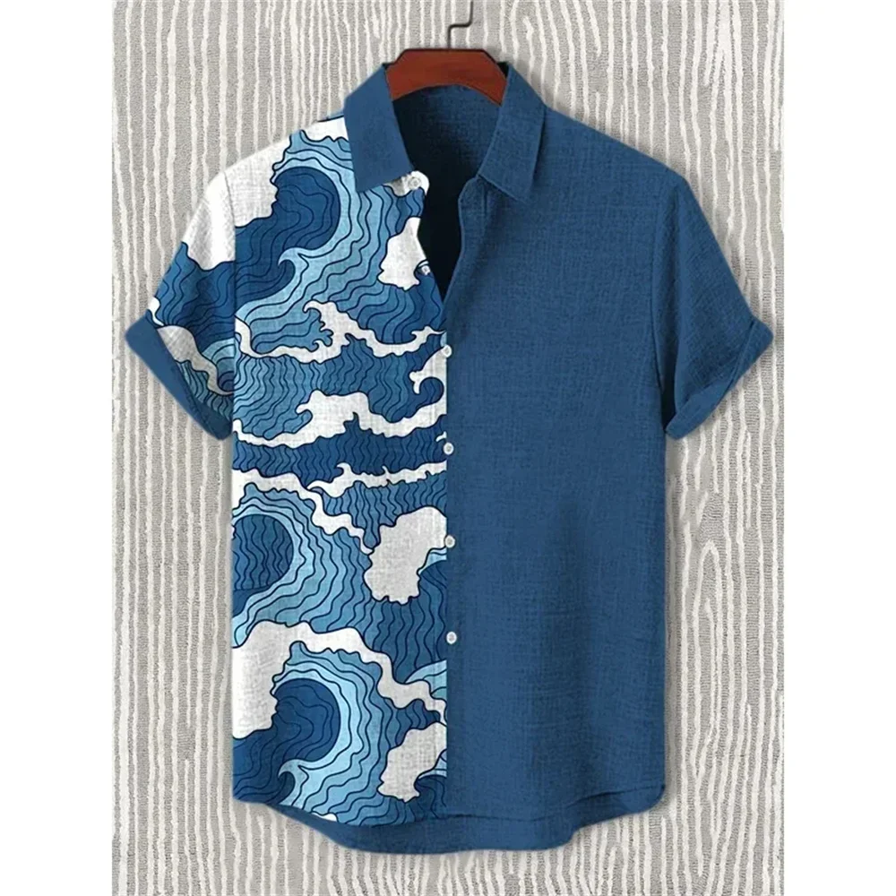 

2025 new summer men's retro wavy line Japanese art 3D printing casual fashion men's short sleeved linen shirt