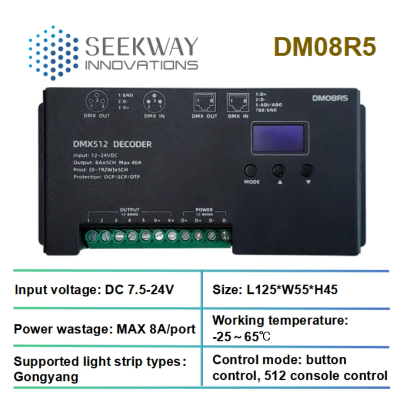 Imagem -02 - Decodificador com Tela Oled Dmx 512 Controlador Led Rgbcc 512 5ch x 8a dc 12v24v 42 Efeitos Embutidos Endereçamento Automático