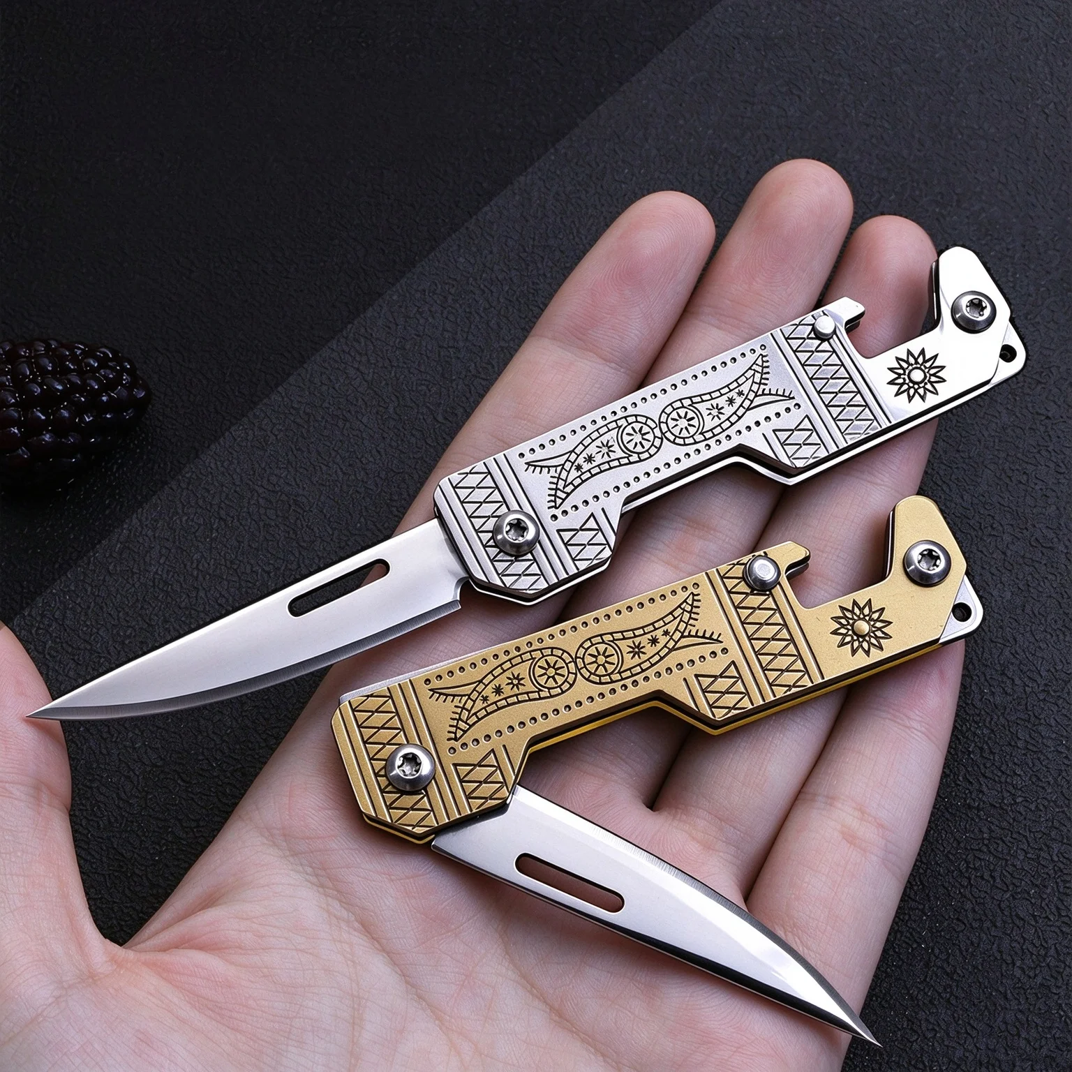 Sun Totem Mini Folding Knife - Unique Engraved Stainless Steel Pocket Blade, Compact EDC Tool for Fruit & Rope Cutting