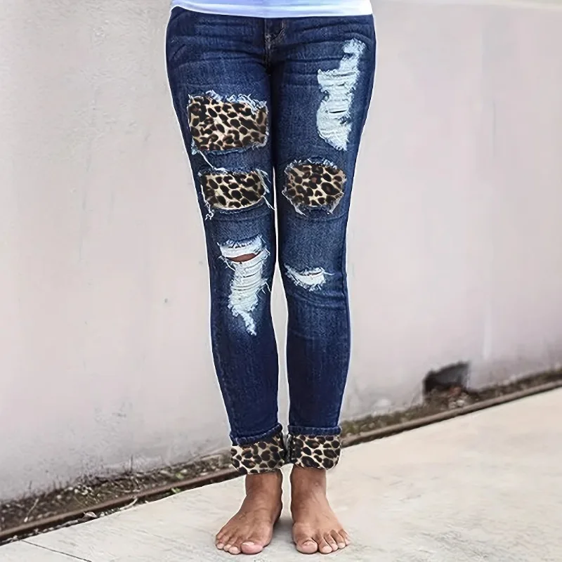 New Fashionable Boutique Women's Stretch Small Foot Women Jeans Ripped Holes Cut Washed Jeans Slim Leisure Women Jeans