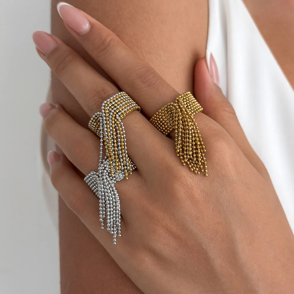 Ingemark Creative Stainless Steel Bead Tassel Rings Women Personalized 18K Gold Plated Stackable Knuckle Ring Waterproof Jewelry