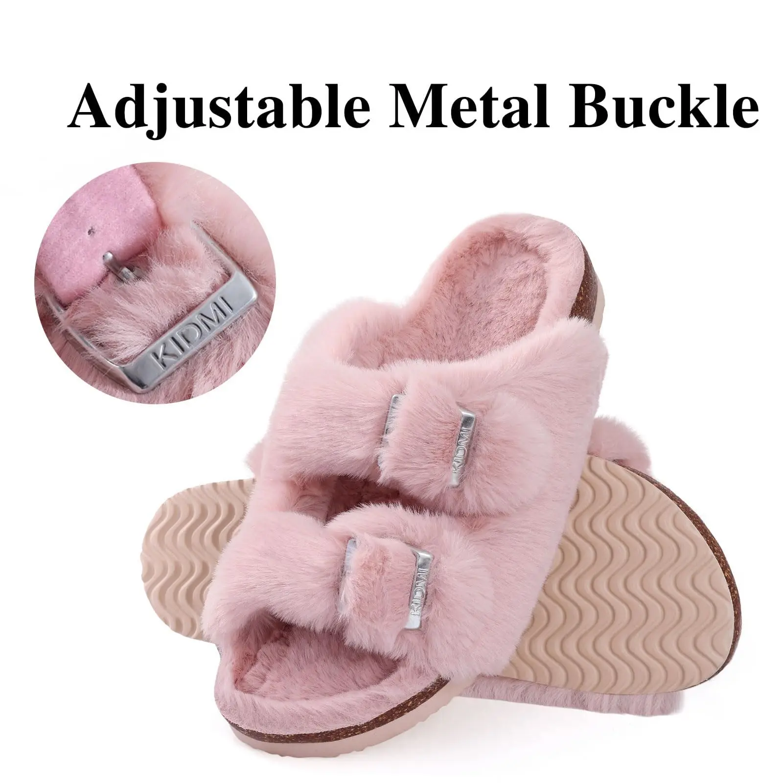 Litfun Winter Plush Lining Slippers For Women Fluffy Open Toe Indoor Slippes With Adjustable Buckle Cork Insole Women's Sandals