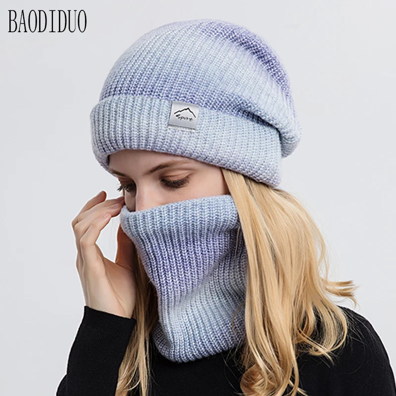 Xinbaoguan 60% Acrylic 9859 Korean Version Gradient Color Thickened Warm Ear Protection and Cold Proof Knitted Hat Two-Piece Set