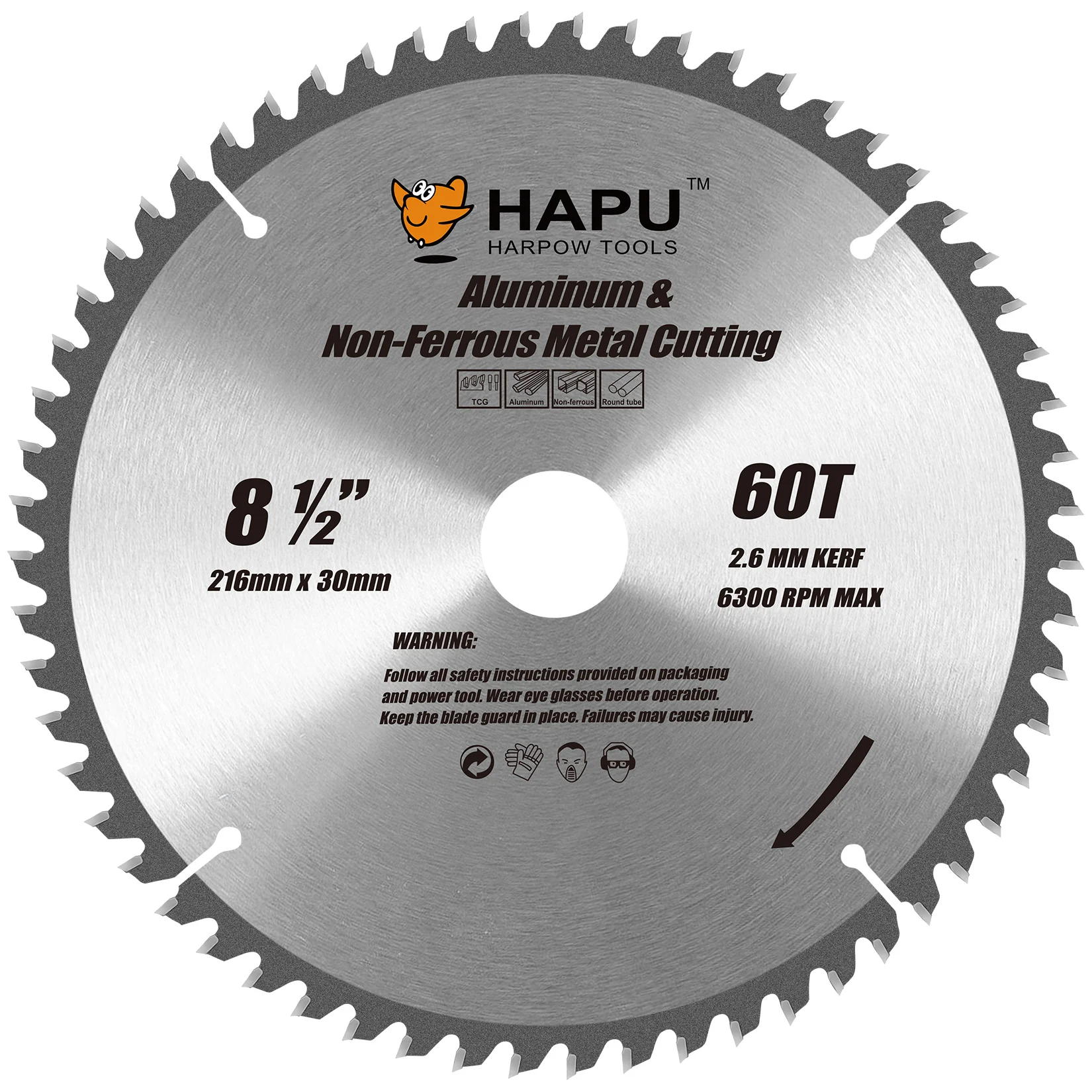 

8-1/2-дюймовая циркулярная пила для резки алюминия, 60 зубьев, необцветное режущее полотно по металлу с оправкой 30 мм, 2,6 мм, Kerf 6300 об/мин, МАКС.